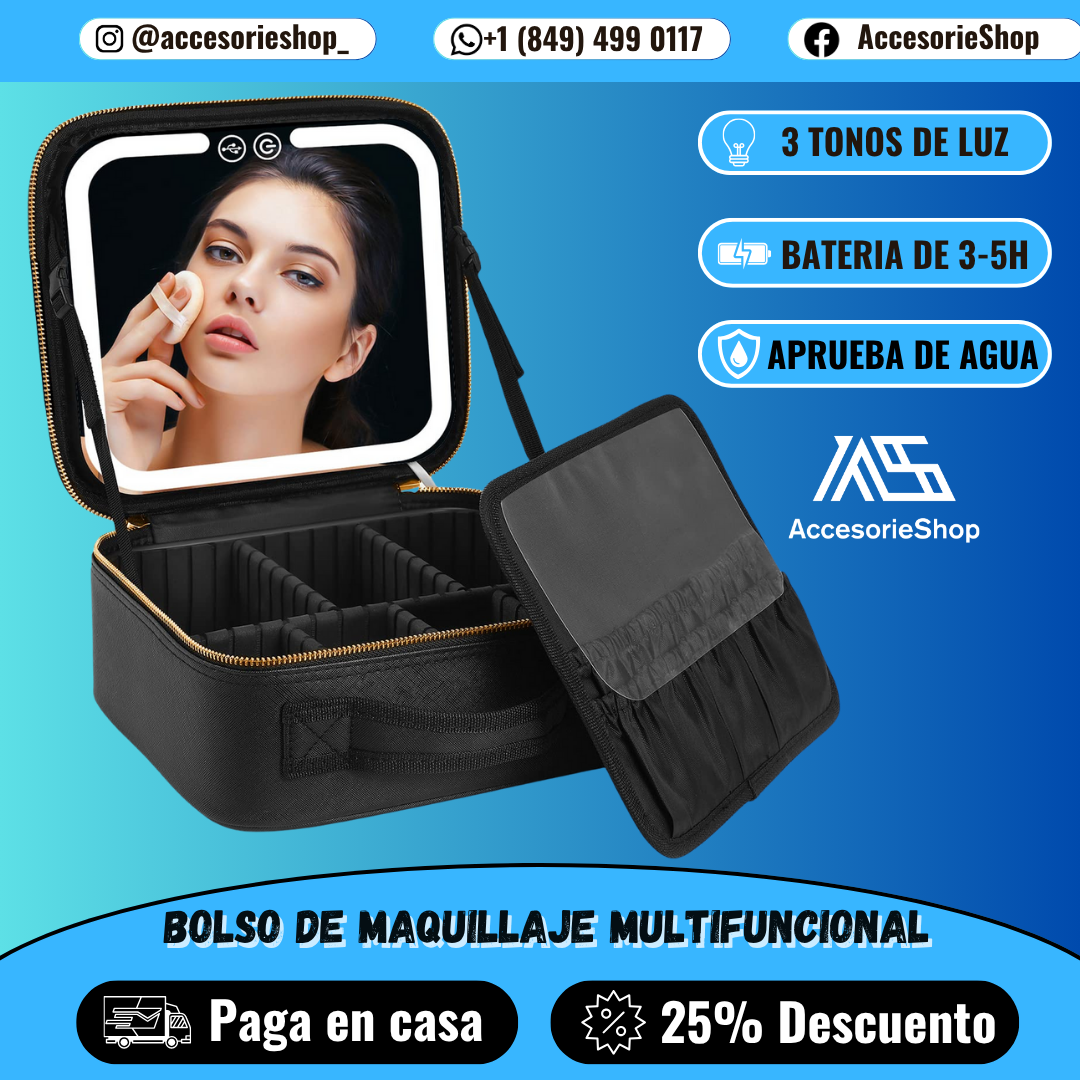 💄 Bolsa de Maquillaje Con Espejo LED ProMake Organizer™ | Impermeable y Multiuso: maquillaje, joyas y más