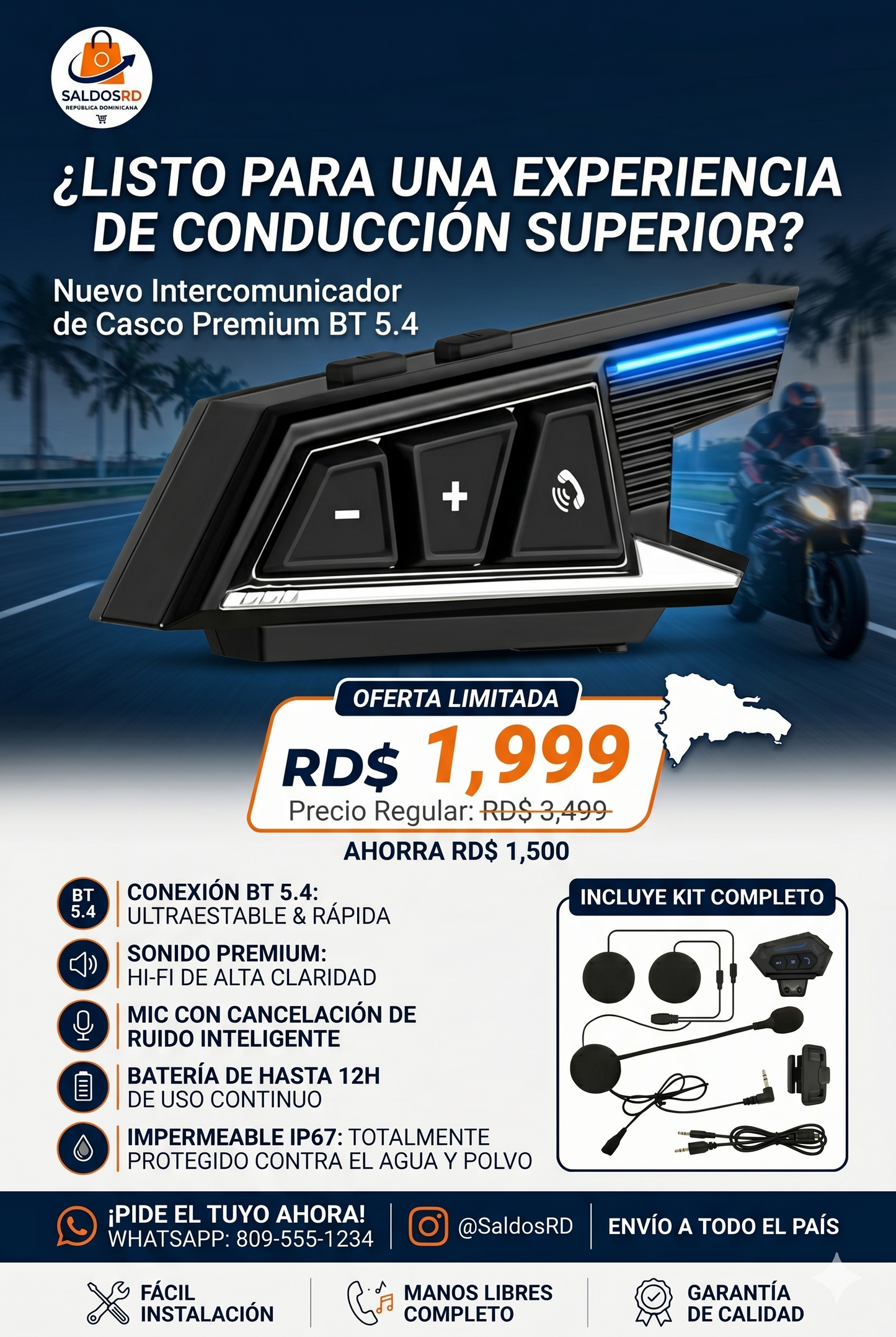AURICULAR BLUETHOOT CON MICROFONO PARA CASCO MotoSync | 🏍️ Escucha Música y Contesta Llamadas Sin Quitar las Manos del Timon