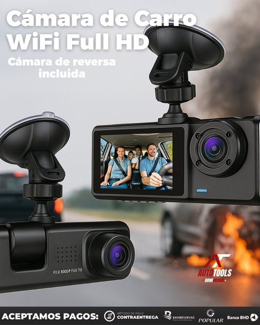 CAMARA TRIPLE LENTE WIFI DE CARRO | GRABA DENTRO, DELANTE Y DETRÁS