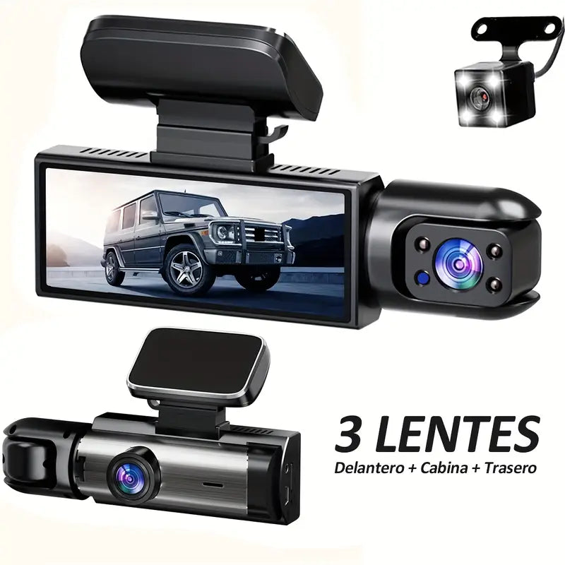 CAMARA TRIPLE LENTE WIFI DE CARRO - GRABA DENTRO, DELANTE Y DETRÁS