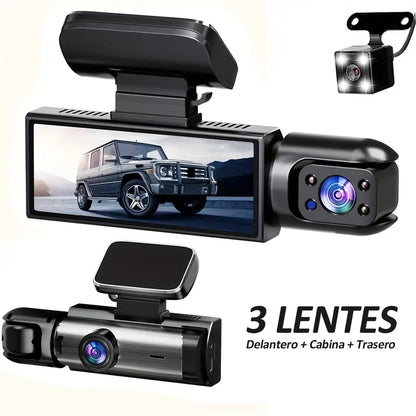 CAMARA TRIPLE LENTE WIFI DE CARRO - GRABA DENTRO, DELANTE Y DETRÁS