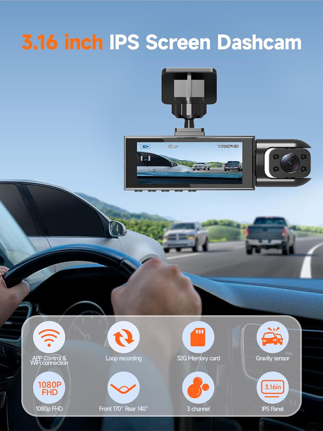 CAMARA TRIPLE LENTE WIFI DE CARRO - GRABA DENTRO, DELANTE Y DETRÁS