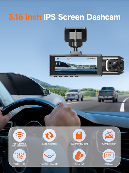 CAMARA TRIPLE LENTE WIFI DE CARRO - GRABA DENTRO, DELANTE Y DETRÁS
