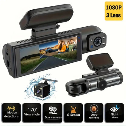 CAMARA TRIPLE LENTE WIFI DE CARRO - GRABA DENTRO, DELANTE Y DETRÁS