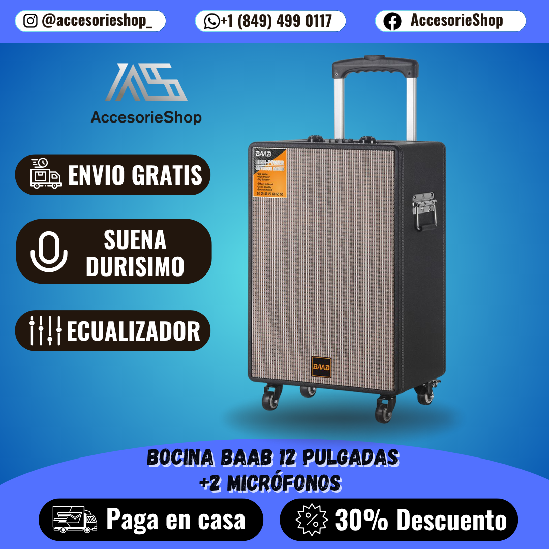 BOCINA BAAB™ V12 – Bocina Karaoke con Ecualizador Profesional | DOS MICROFONOS GRATIS