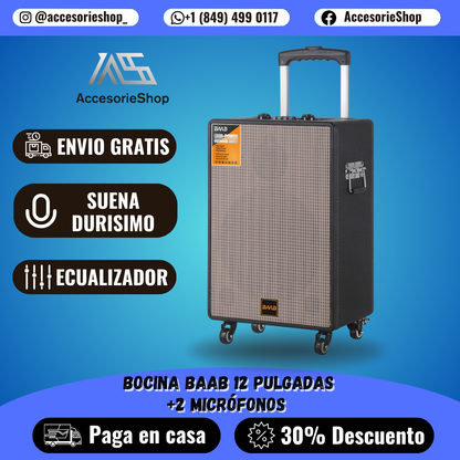 BOCINA BAAB™ V12 – Bocina Karaoke con Ecualizador Profesional | DOS MICROFONOS GRATIS