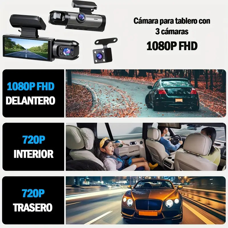 CAMARA TRIPLE LENTE WIFI DE CARRO - GRABA DENTRO, DELANTE Y DETRÁS